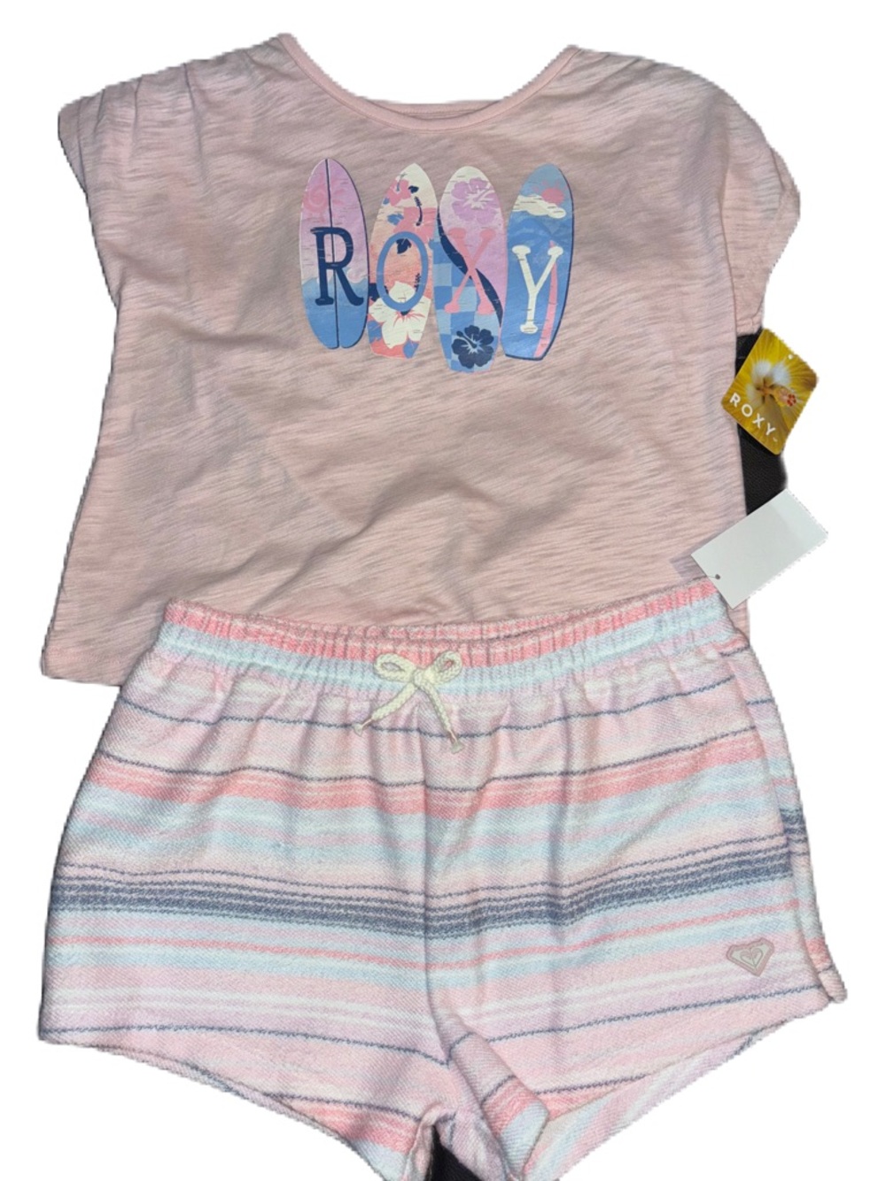Roxy Pastel Pink Surfboard Graphic Tee & Striped Lounge Shorts set Girls Size 12 - Picture 6 of 9